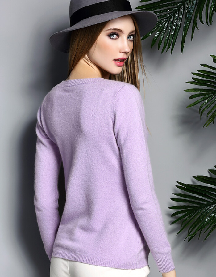 依尚女式羊绒衫秋冬装新款韩版打底 针织衫加厚常规款菱形修身型毛衣套头衫 浅紫色 M